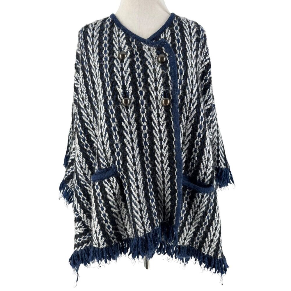 Sleeping On Snow Anthropologie Women's Navy White Tajo Poncho Sweater One Size